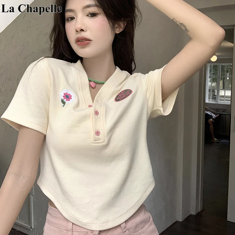 拉夏贝尔纯欲甜辣妹短袖T恤女2025年夏季打底衫修身内搭短款上衣