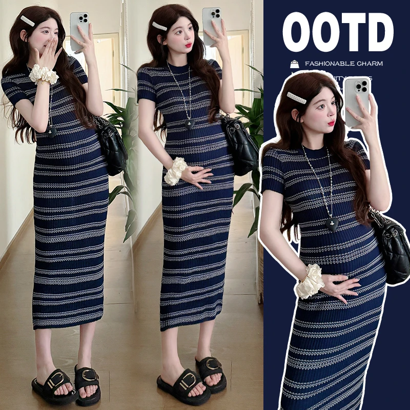 孕妇连衣裙2025夏季新款弹力气质大弹力修身条纹撞色针织连衣裙