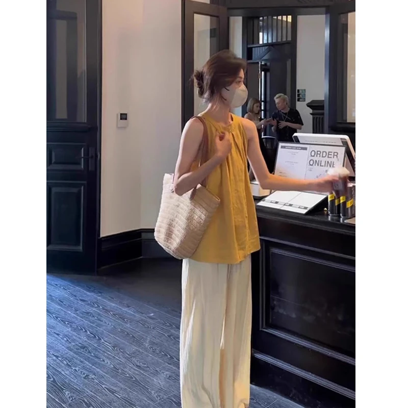 【HAODL】韩系设计感无袖衬衫夏季新款显瘦气质减龄娃娃衫短款上衣