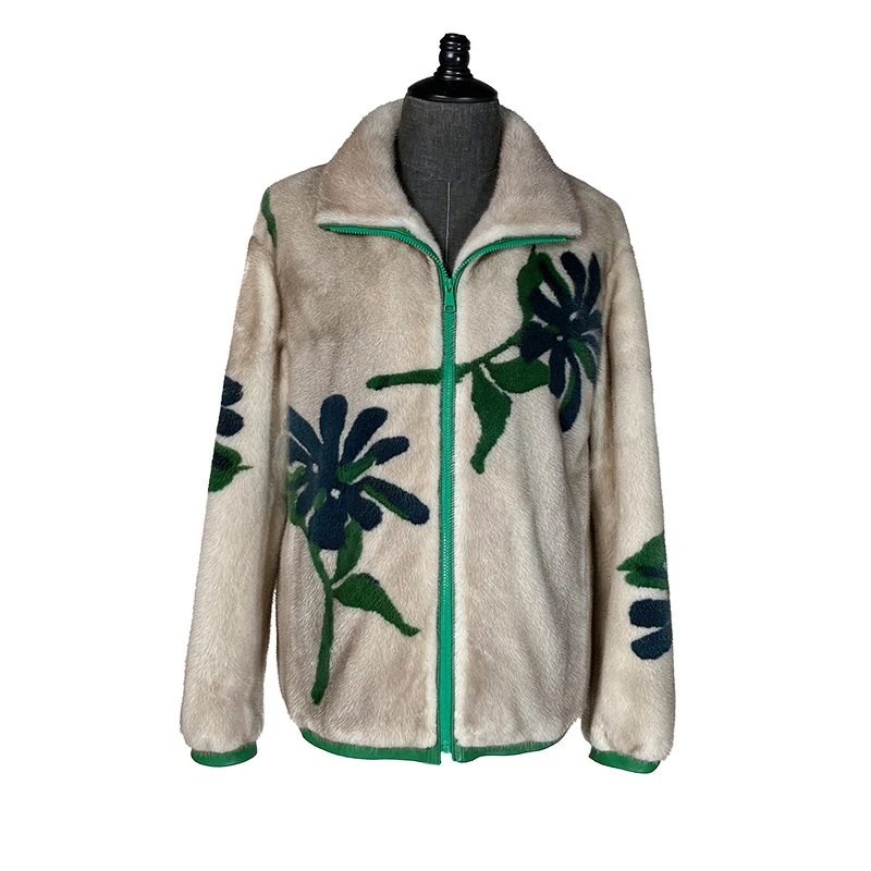 【佐奥云顿】丹麦银蓝本色印花时尚休闲立翻领男装水貂外套