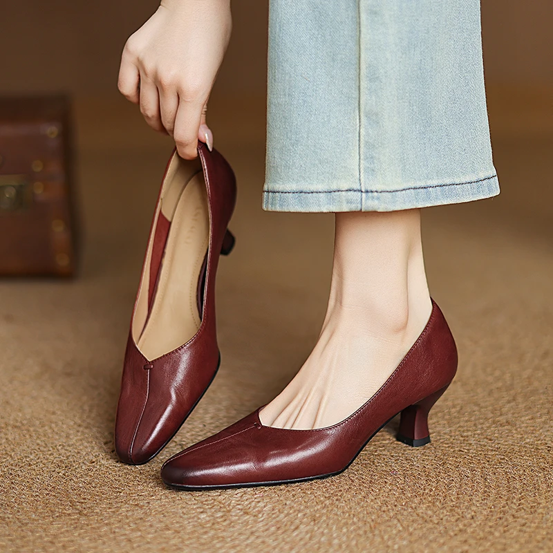 5.5CM小众时尚设计浅口高跟鞋春季新款圆头细跟一脚蹬气质小皮鞋