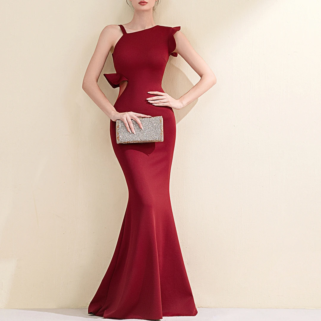 晚礼服裙女名媛宴会高贵气质高档性感斜肩显瘦修身长款鱼尾连衣裙