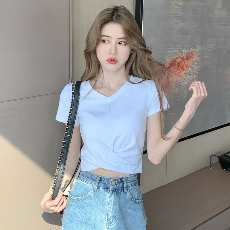 白色短款t恤女夏短袖设计感半袖小众紧身V领露脐上衣高腰爵士舞潮