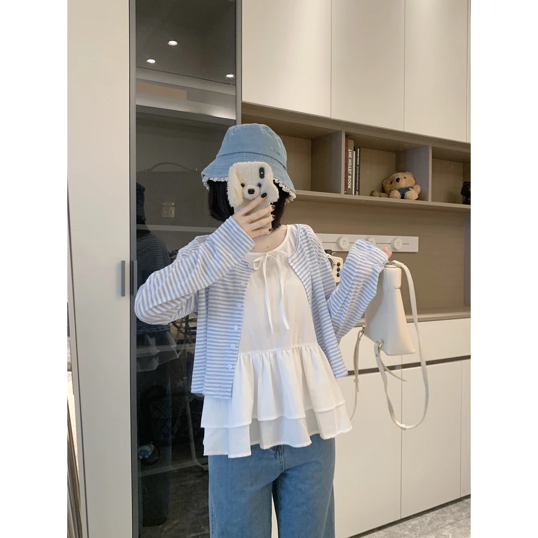 胖MM早秋绝美穿搭套装2025新款针织开衫+白色背心两件套