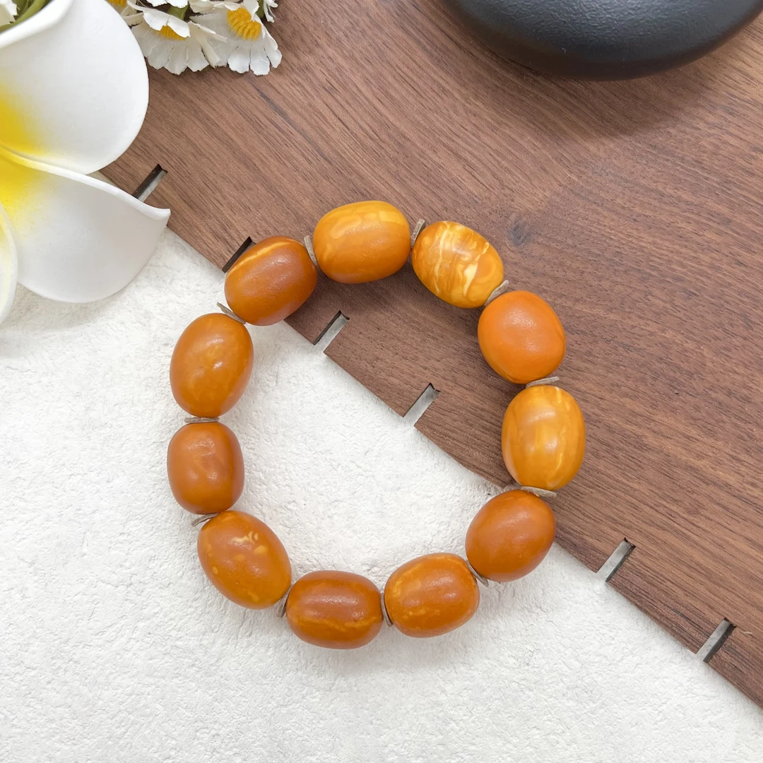 【润家原创】天然琥珀蜜蜡15-16mm橘皮花蜡枣珠素圈手串#6101