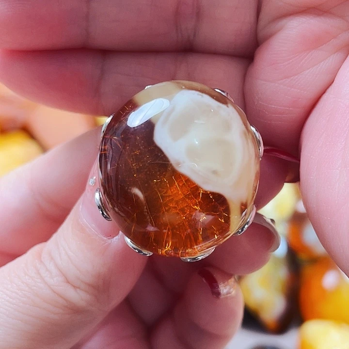 琥珀戒指银S925镶嵌戒指