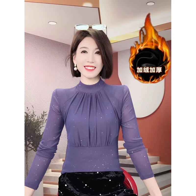 亮闪闪半高领网纱T恤女长袖秋冬内搭加绒保暖上衣洋气修身打底衫