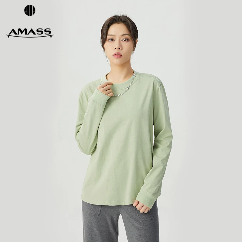 阿玛施AMASS新款女装减龄圆领长袖T恤百搭纯色链条上衣5300993