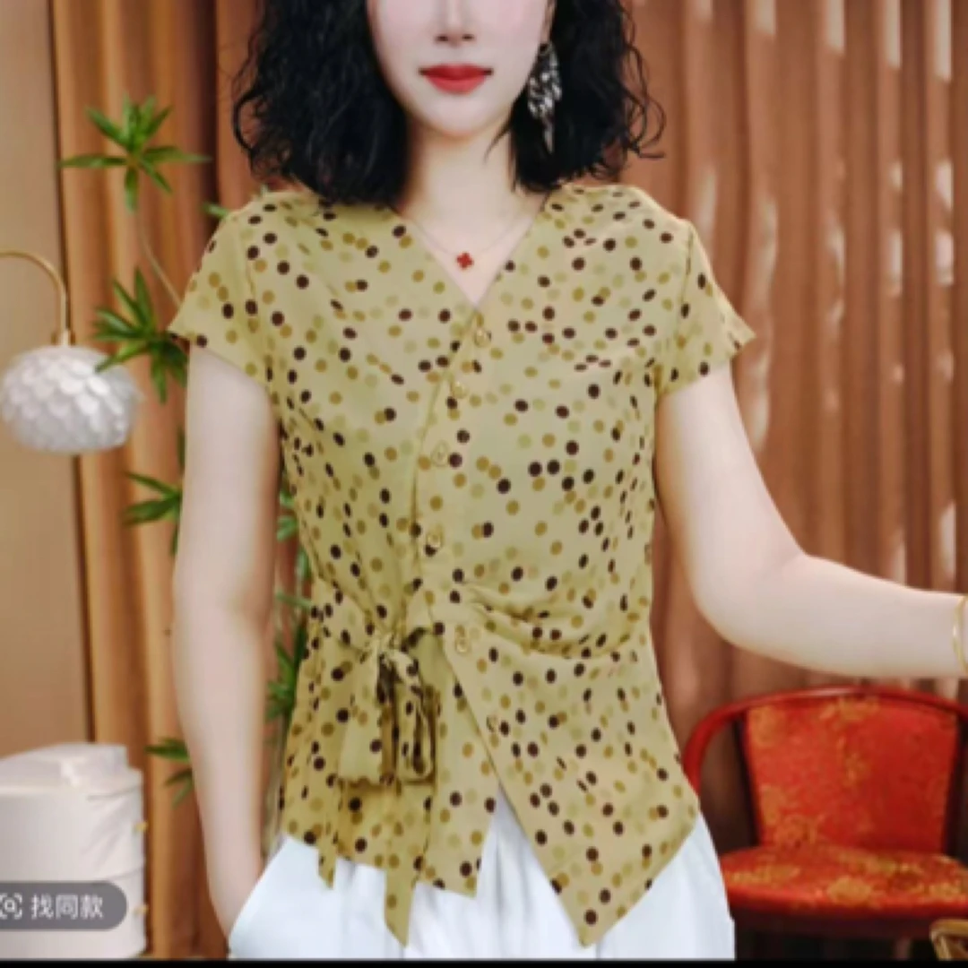 夏季新款休闲洋气短袖气质百搭V领显瘦开衫扣上衣小衫