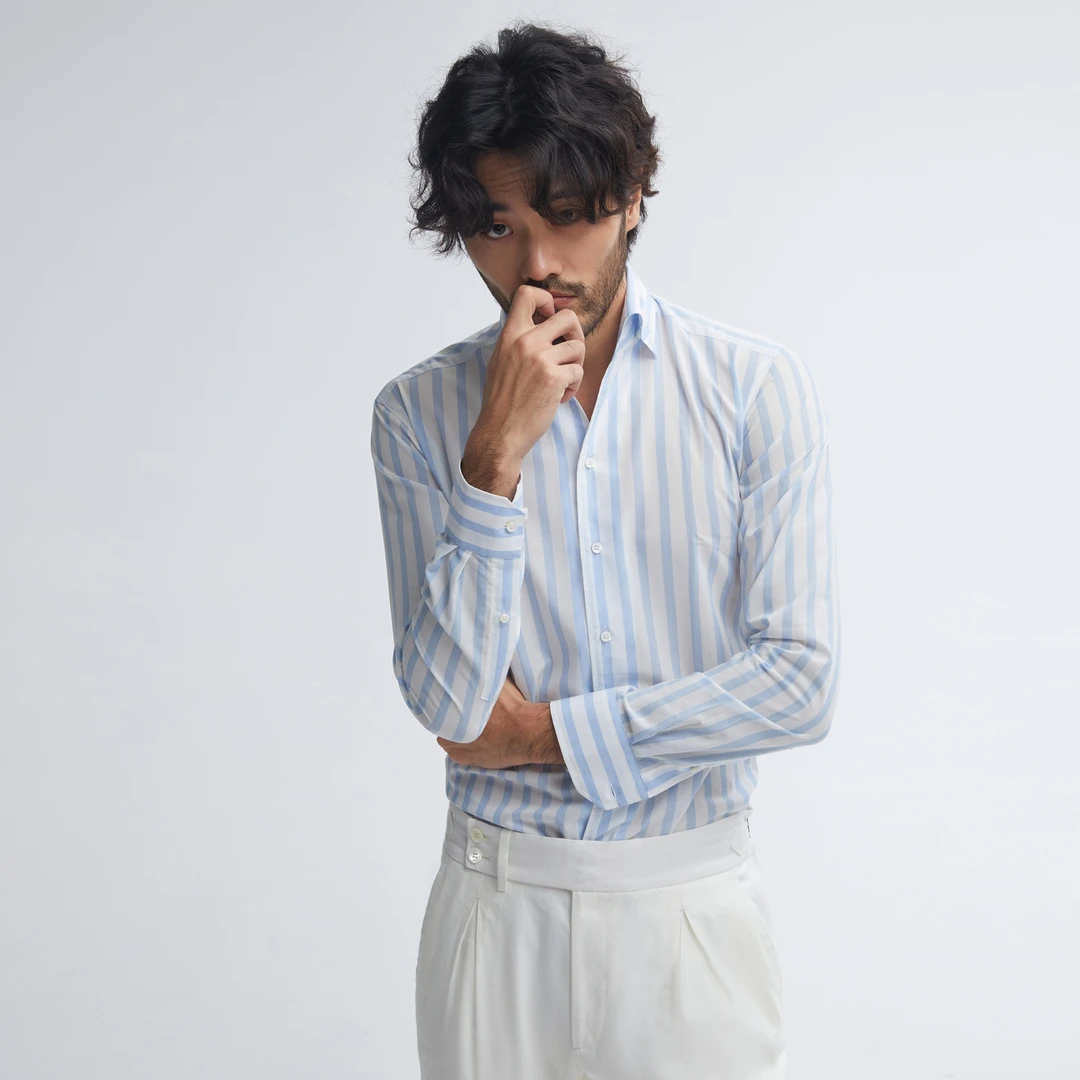 意式一片领条纹衬衫