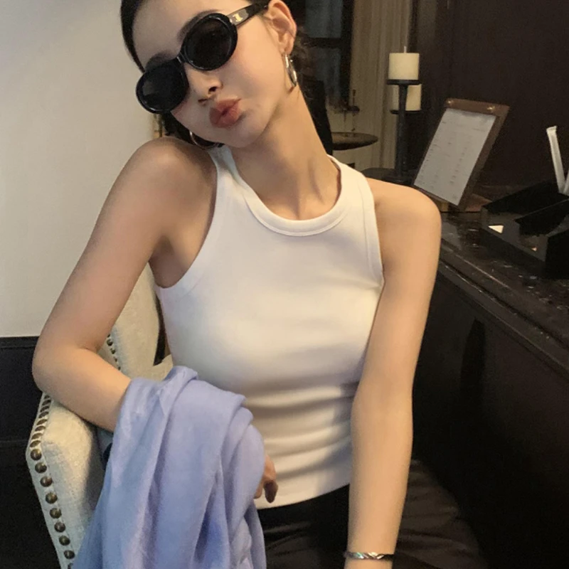 夏季白色吊带背心女一体式自带胸垫夏季显瘦打底修身上衣无袖