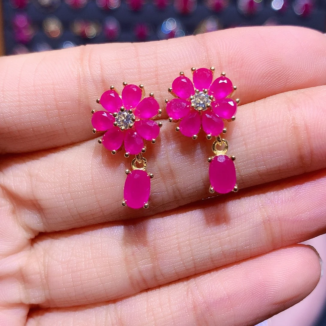 耳饰银S925镶嵌红宝石