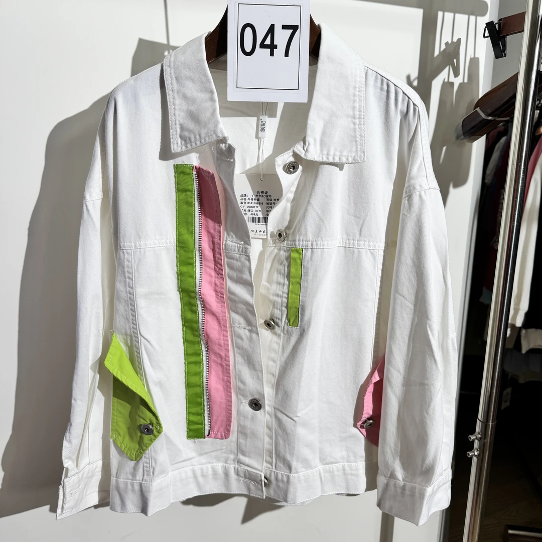 宽松春款纯色中性白色宽松型翻领短外套女牛仔条纹