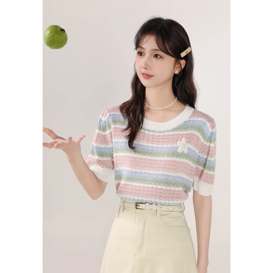 张汽水《冰淇淋与鲸》圆领条纹甜美设计感短袖薄款上衣女LZQS04417