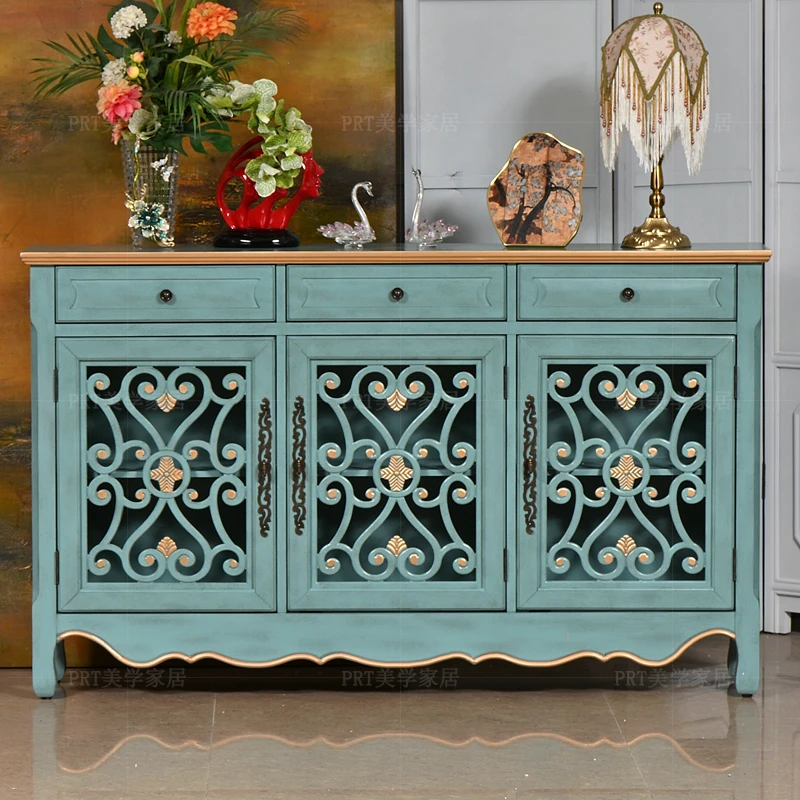 美式风实木餐边柜欧式玄关柜地中海储物边柜 复古一体餐边柜橱柜