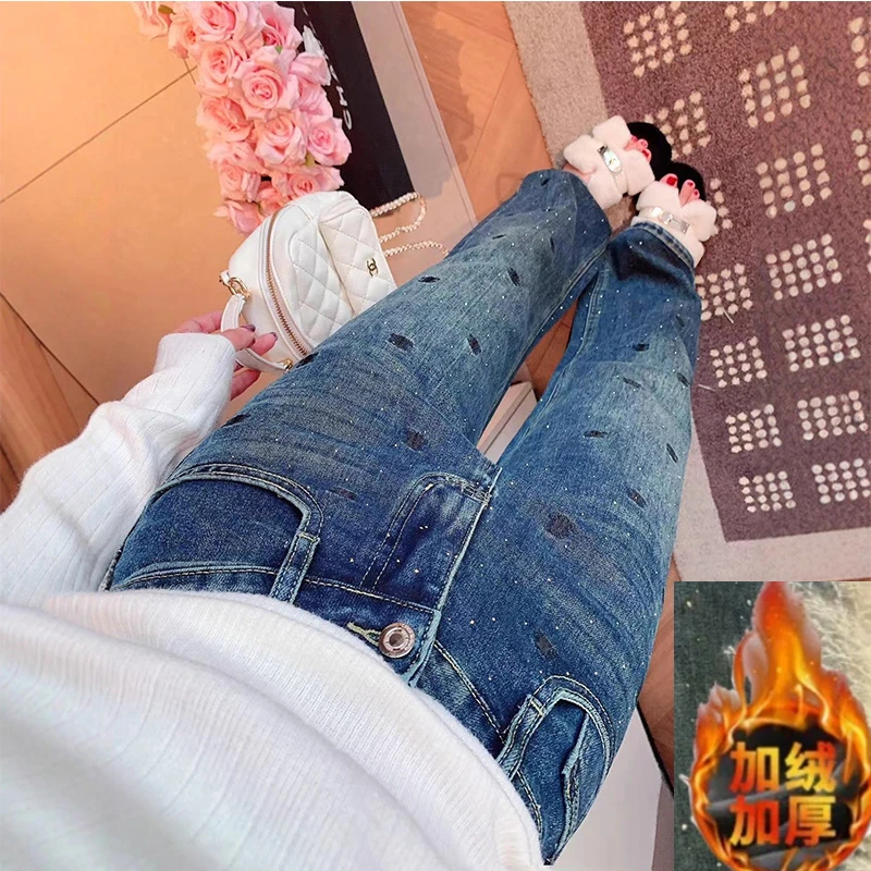 烫钻牛仔裤女2025年春季新款高腰宽松显瘦欧货重工阔腿裤潮