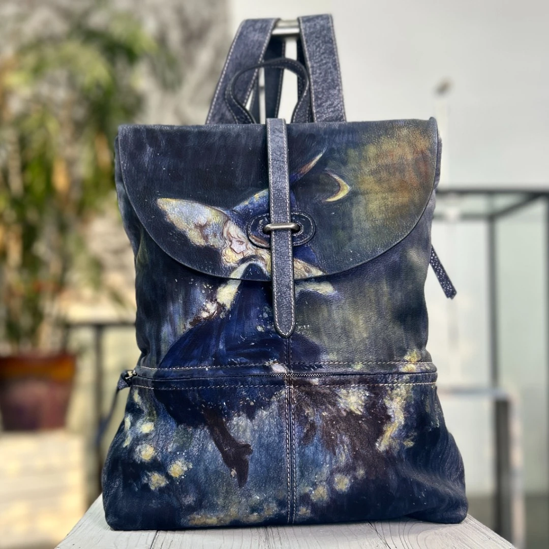 原创手工手绘真皮女包大容量女士双肩包背包时尚感双肩包网红包包