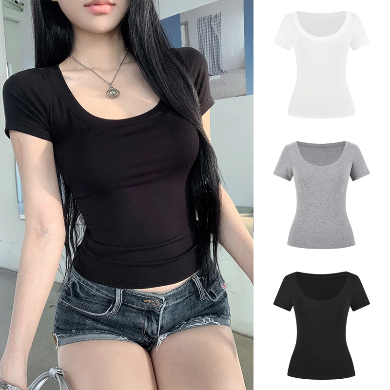 Moses Queen/魔西女王大U领正肩短袖T恤修身基础款辣妹短款上衣