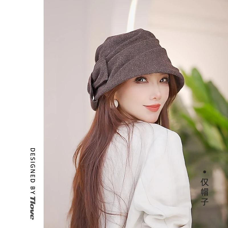 9667女士时尚百搭经典纯色帽子秋冬季保暖盆帽