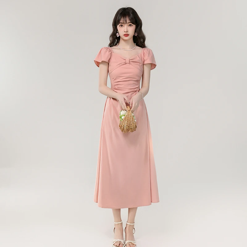 2025新款春夏季女韩版甜美减龄V领蝴蝶结弹力收腰显瘦长款连衣裙