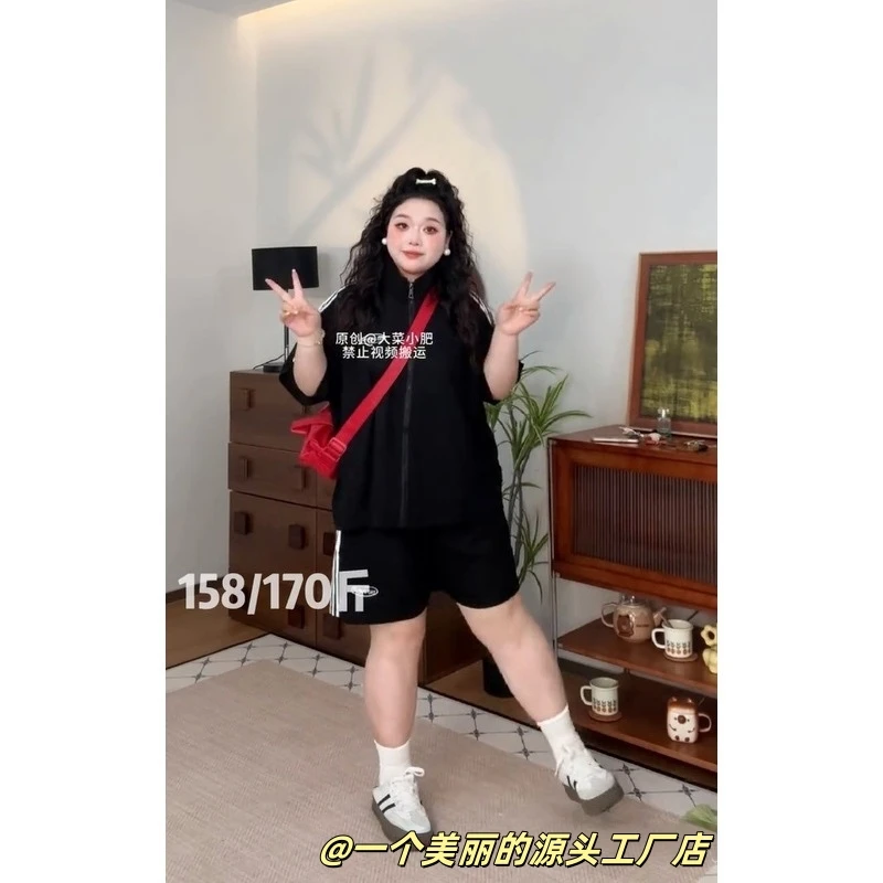 大码夏季短袖打款休闲运动套装女宽松显瘦两件套449321#