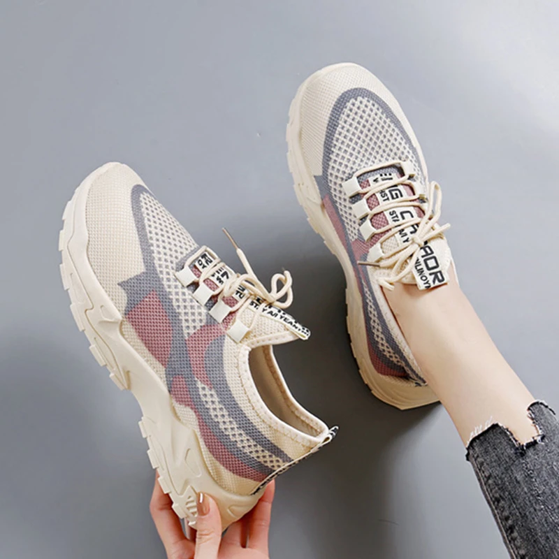 夏季百搭休闲女鞋舒适透气网面老爹鞋厚底时尚飞织布鞋女士运动鞋