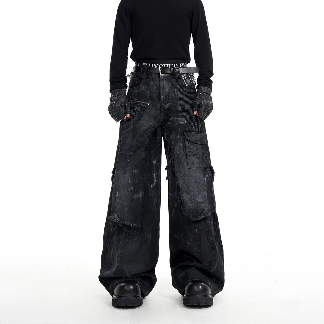 STARTEXCEEDEND 手绘刷银牛仔裤男秋冬打揽拼接假两件工装裤