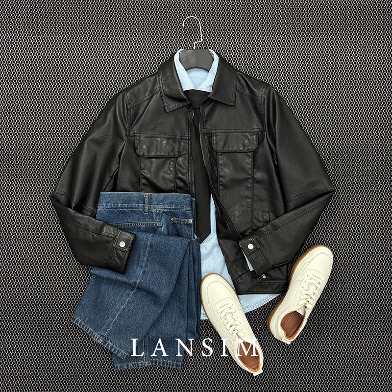 LANSIM·秋冬新款美式复古翻领皮衣外套男时尚多口袋百搭皮夹克