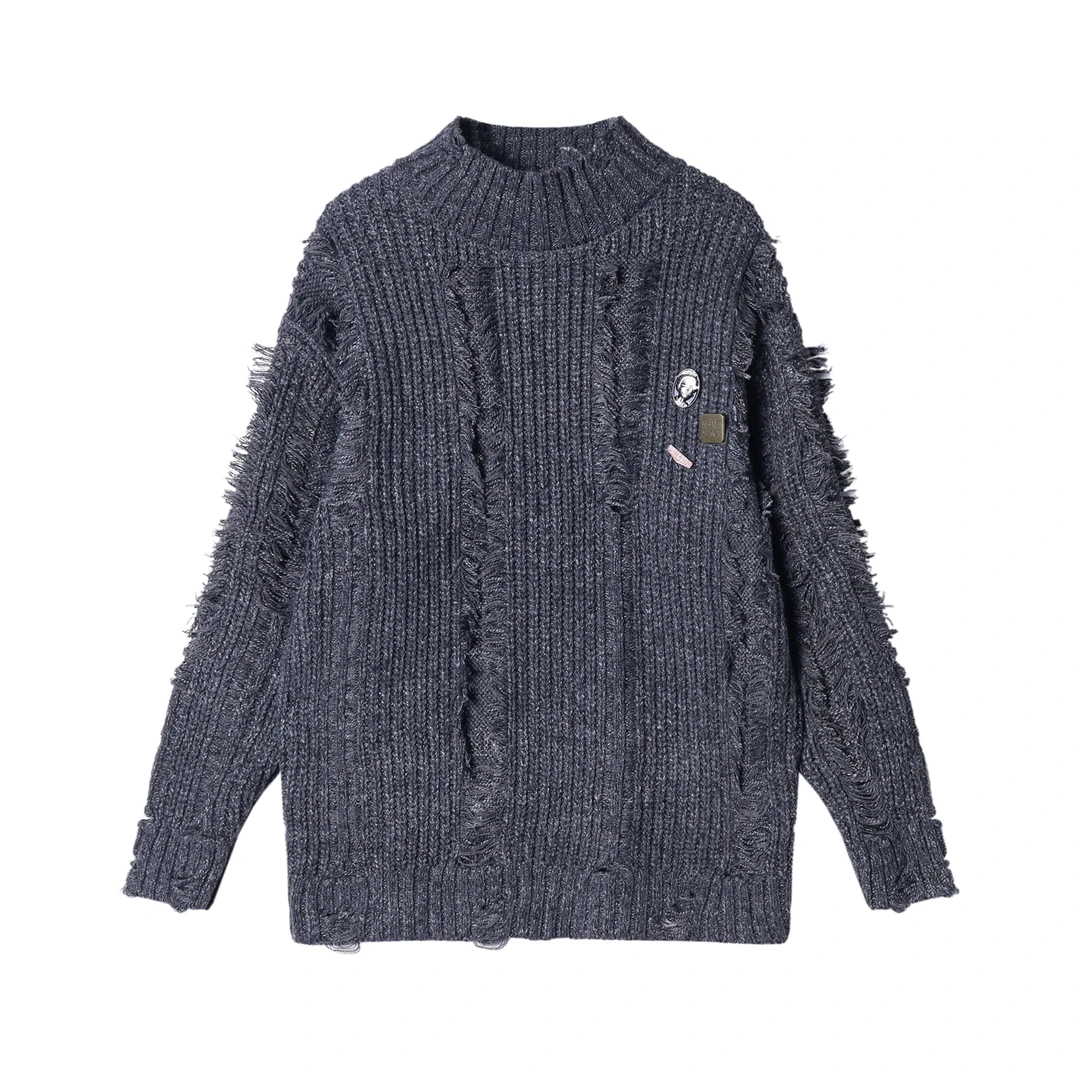 秋冬季新款时尚个性美式潮牌破洞流苏高领针织衫宽松慵懒风毛衣男