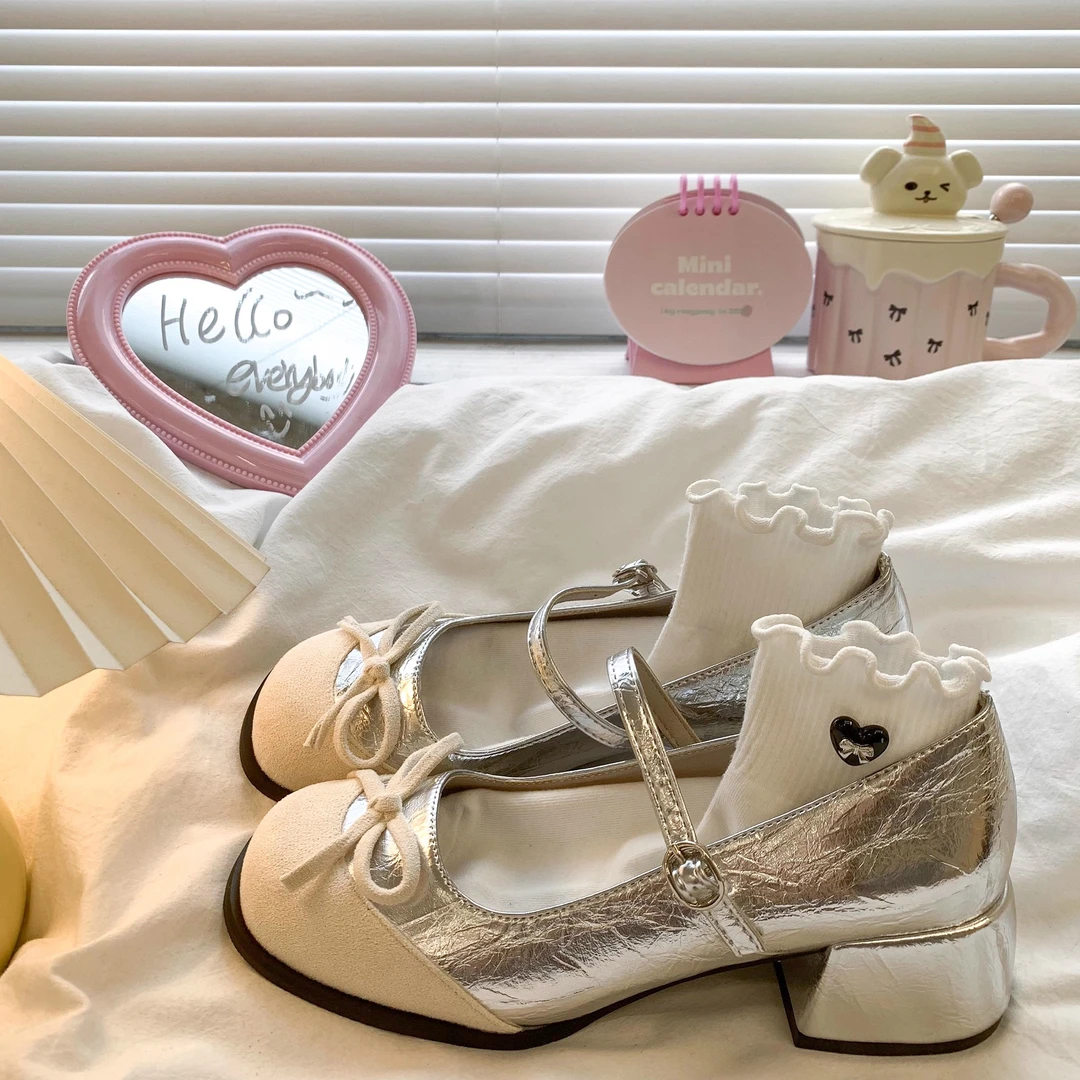 啄木鸟法式粗跟拼色玛丽珍鞋单鞋女2025新款夏季百搭配裙子小皮鞋