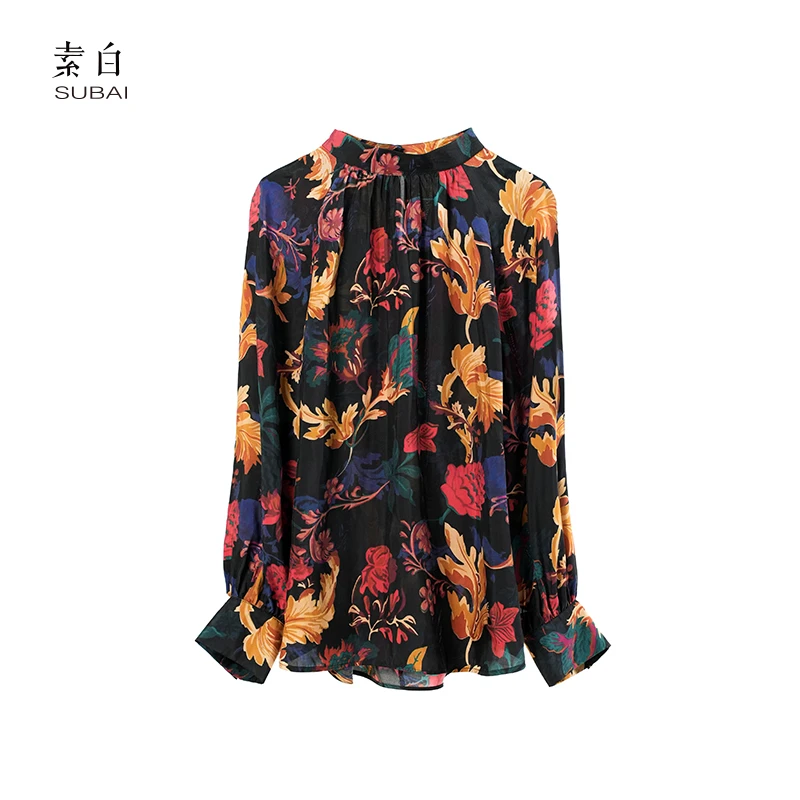 素白时尚潮流【好运来】S01873铜氨丝随性印花长袖衬衫