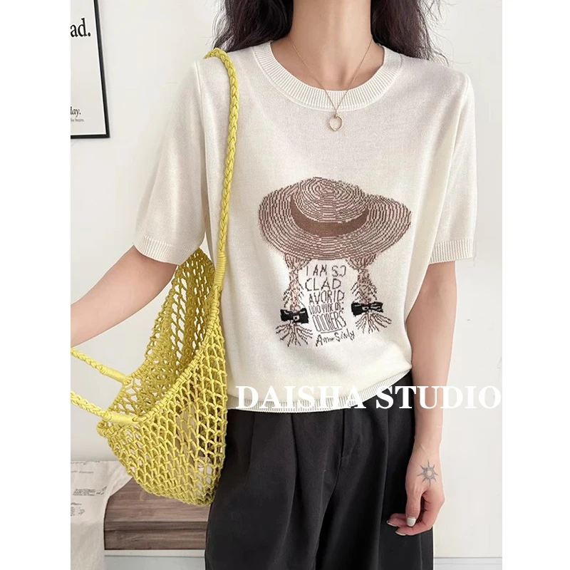 【草帽姑娘】夏季新款宽松减龄薄款圆领短袖针织衫上衣显瘦T恤女346