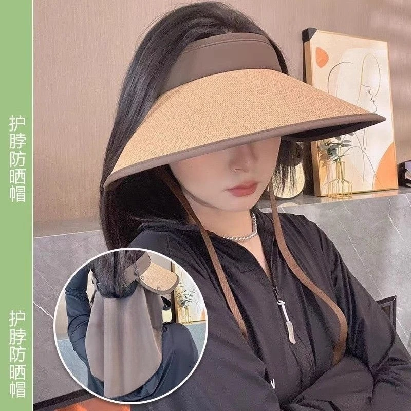 2025新款草帽加大帽檐防晒空顶帽女防紫外线遮阳帽骑车披肩太阳帽
