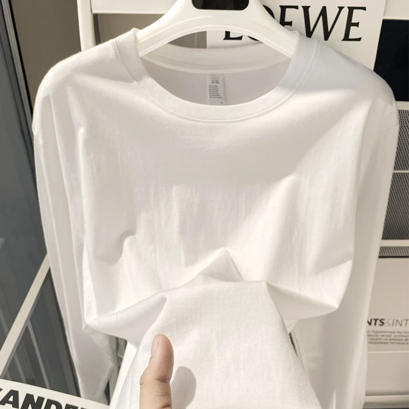优质100%纯棉T恤男女白色T恤男女圆领简约上衣内搭打底衫长袖T恤