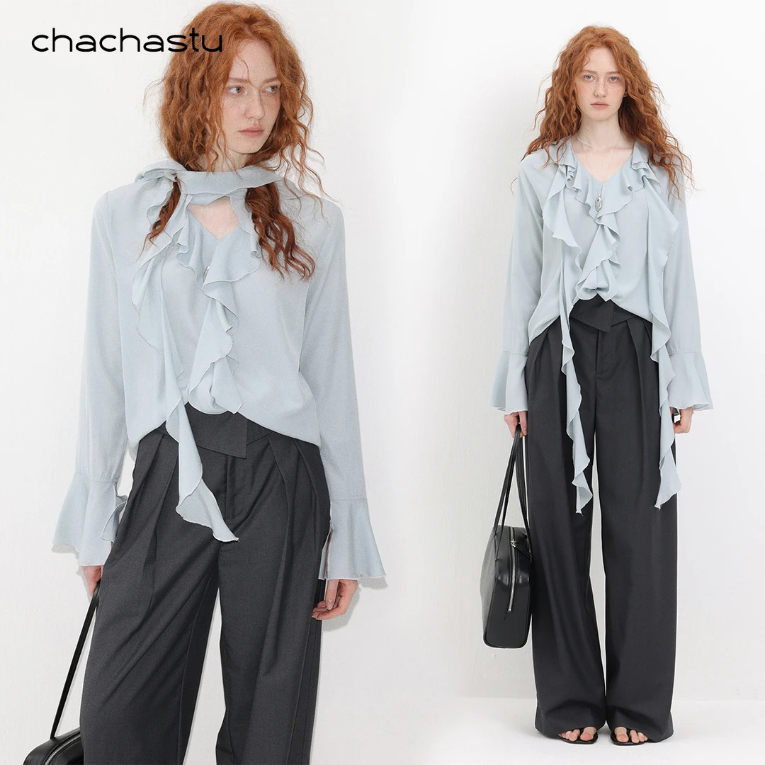 CHACHASTU【深秋】早期气质 不规则设计荷叶边百搭上衣H4290W