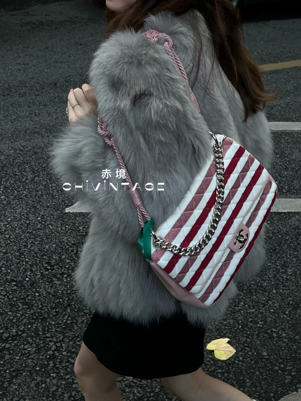 95新 Chanel/香奈儿 8607 CHANEL粉白条纹海军风手提斜挎包18