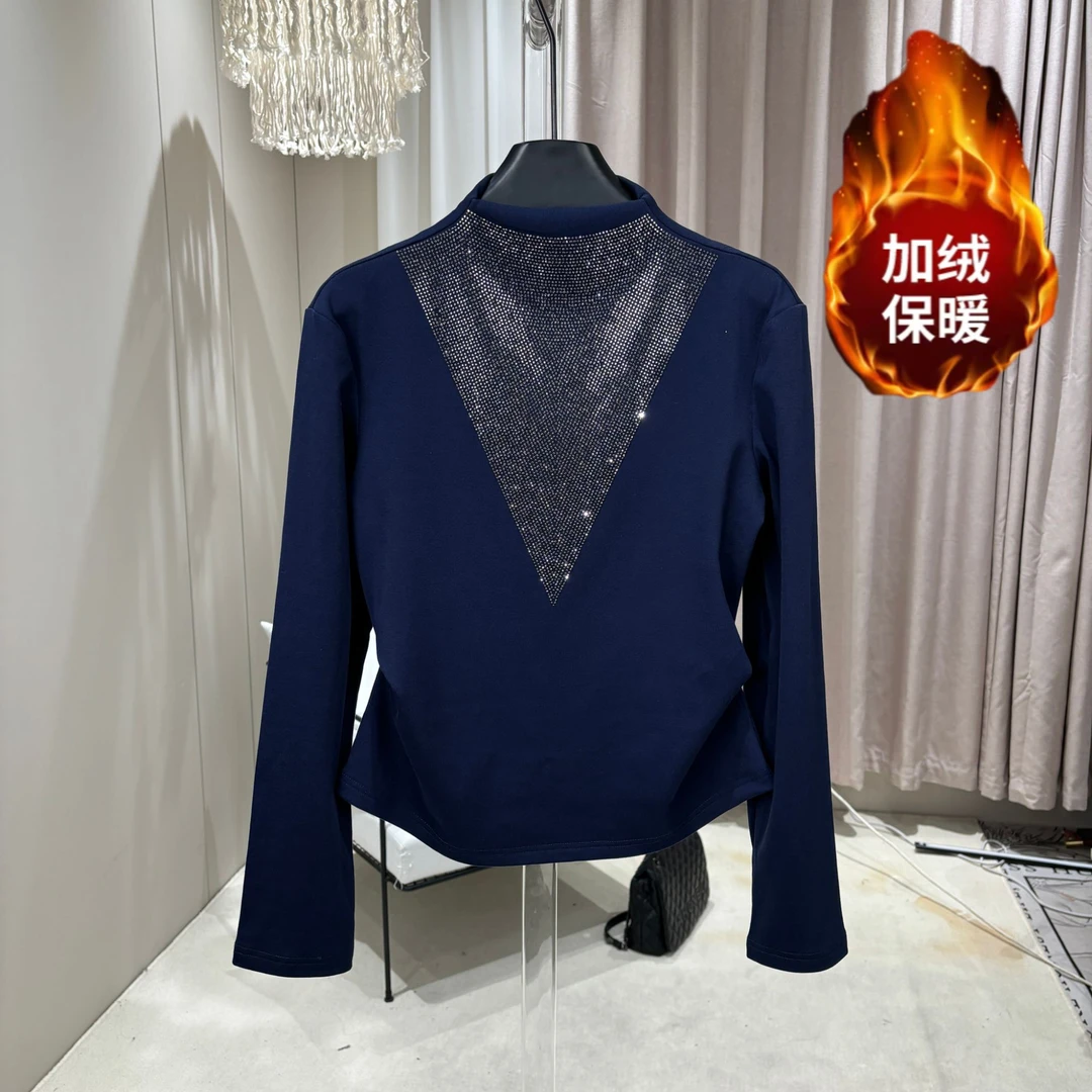 加绒半高领烫钻长袖打底衫女冬季新款时尚洋气小众设计感内搭上衣