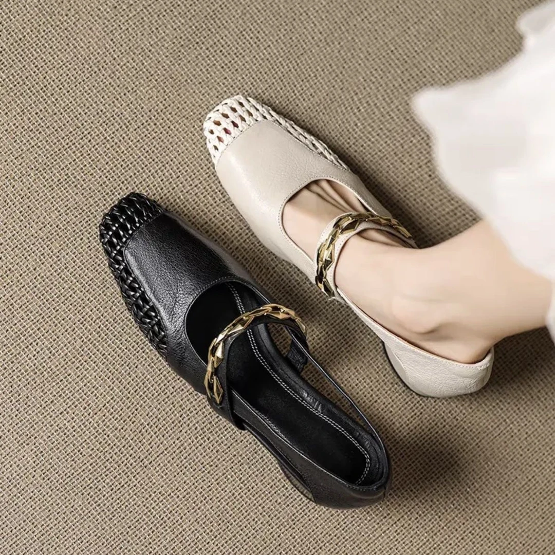 【TEENYA恬雅】夏季新品时尚编织镂空透气一字带粗跟女款单鞋牛1538