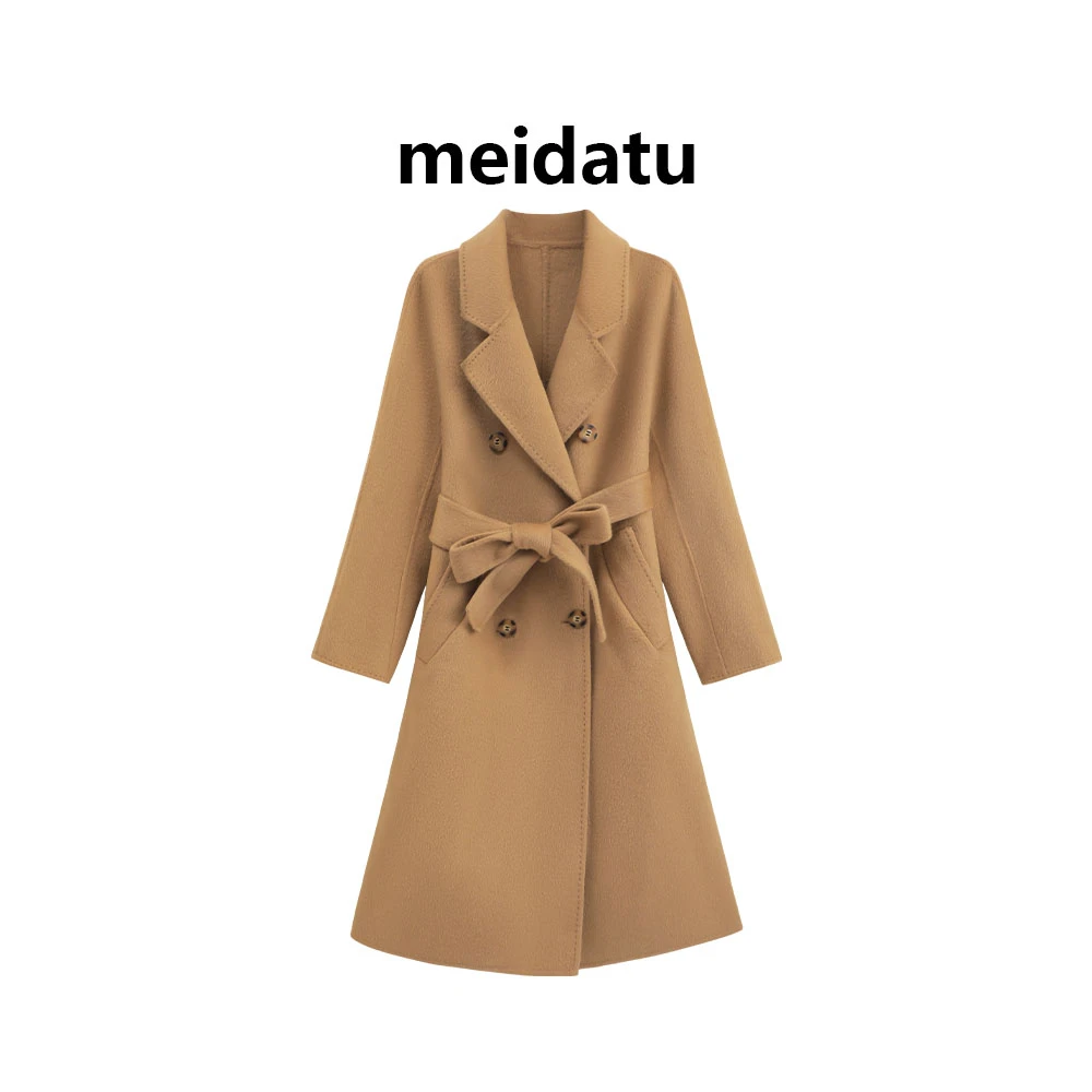 美哒兔(年度大衣)气质经典款翻领双排扣绑带长款大衣CK2929