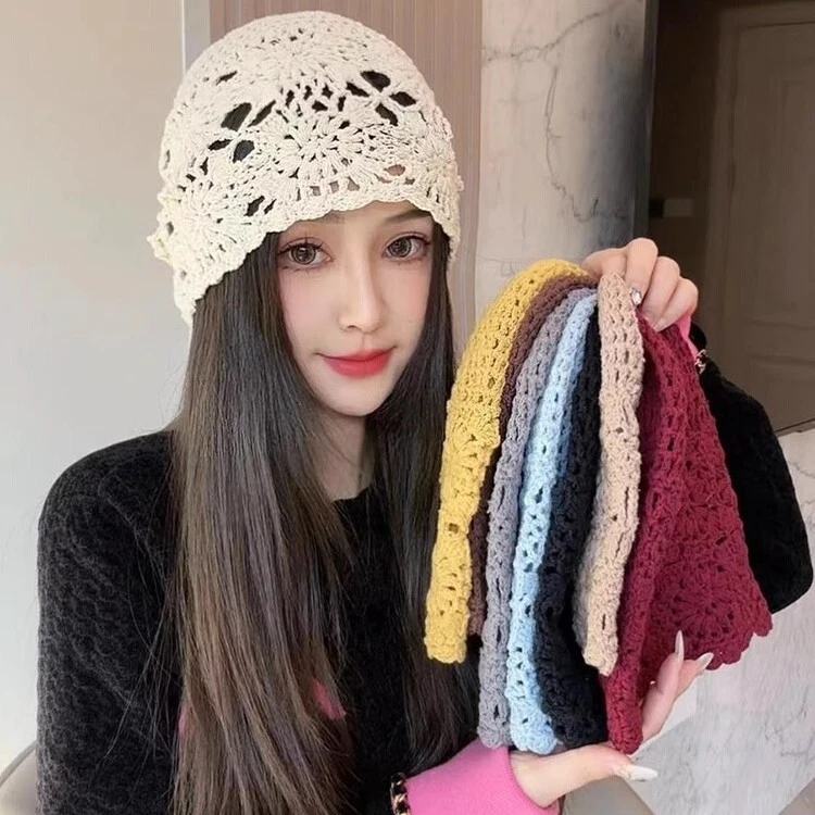 春秋勾花编织女款女士毛线针织帽薄款镂空帽子百搭夏季网红包头帽