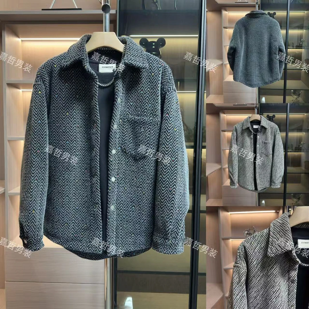 冬季新款男士加棉小香风雪花绒斜纹彩织衬衫版型时尚百搭棉服外套