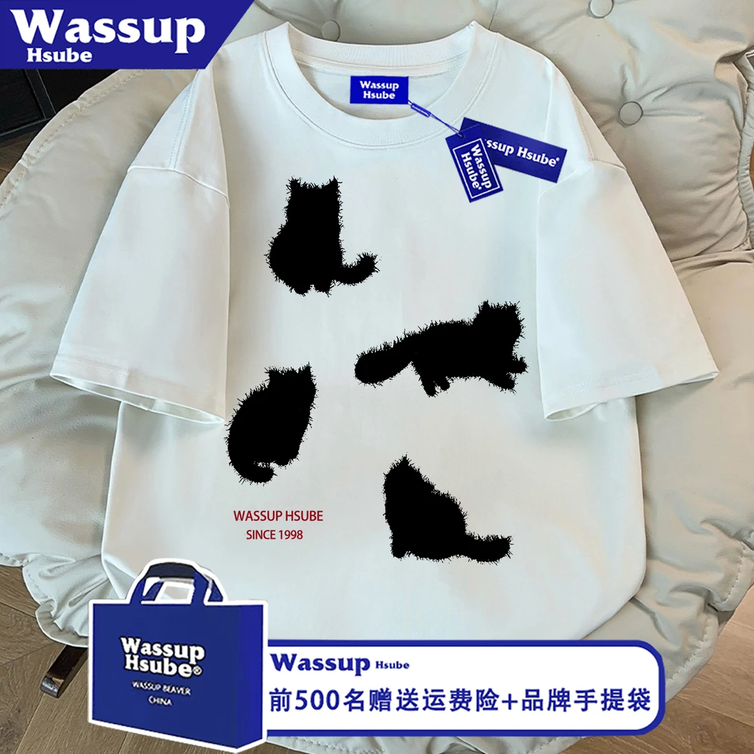 WASSUP HSUBE夏新款猫咪字母印花短袖T恤男女款重磅纯棉半袖上衣