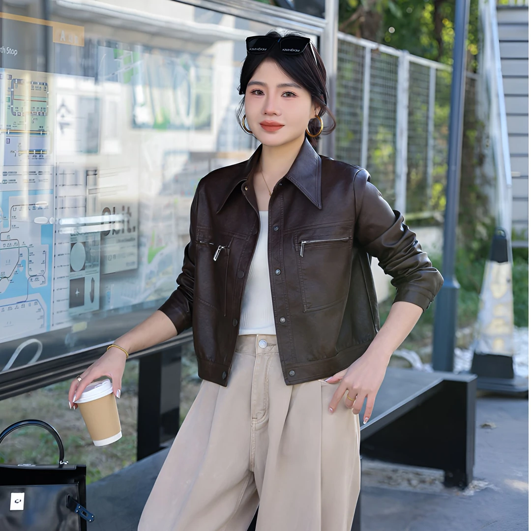 短款皮衣女2025春装新款欧若风翻领气质水洗PU温州阿宝服装店