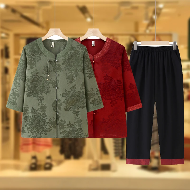 中老年人夏装女奶奶装衬衫套装薄款妈妈夏天衬衣老太太七分袖衣服