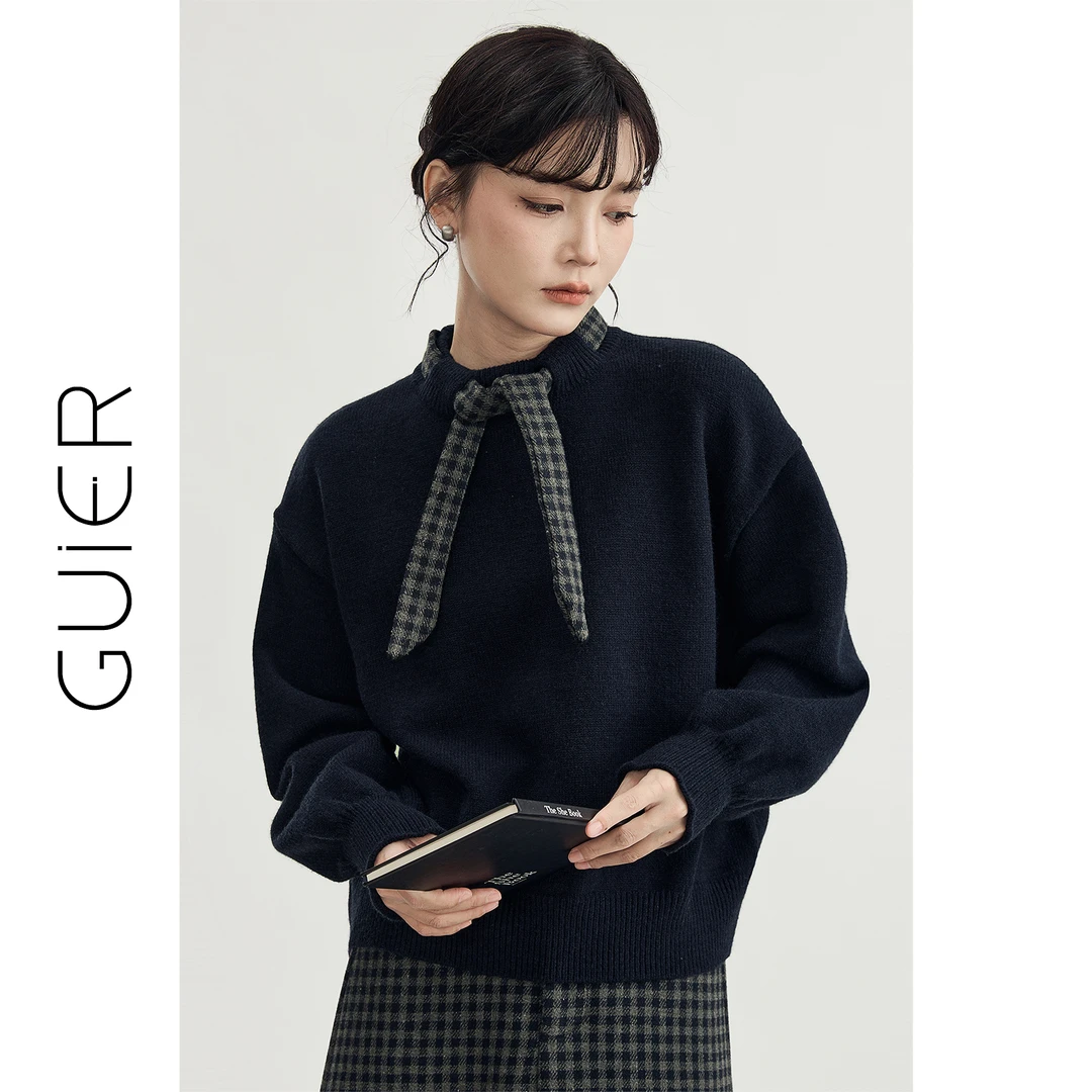 GUIER/桂儿 格子系带领！内搭毛衣女春秋高级宽松针织上衣XH5051