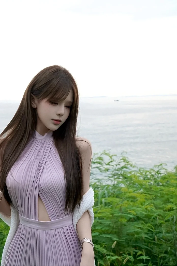 【美神降临】秋季新款粉紫褶皱挂脖性感短裙度假镂空露背收腰连衣裙