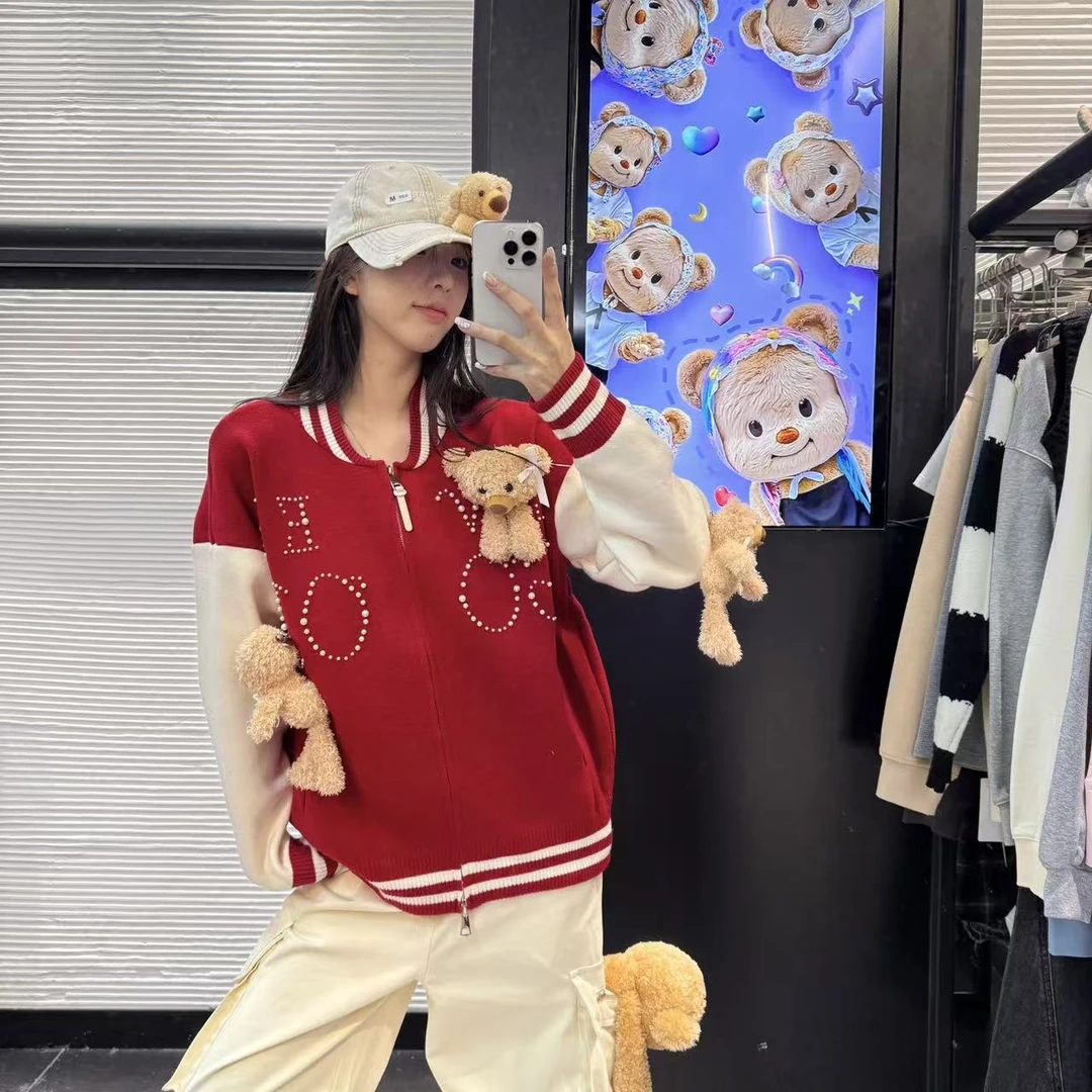 【异彩纷呈】秋冬重磅珍珠字母拼色棒球服夹克男女同款外套（085）
