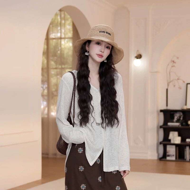 【YANYAN】夏季薄款百搭纯色V领背后抽绳长袖防晒开衫YY-6622