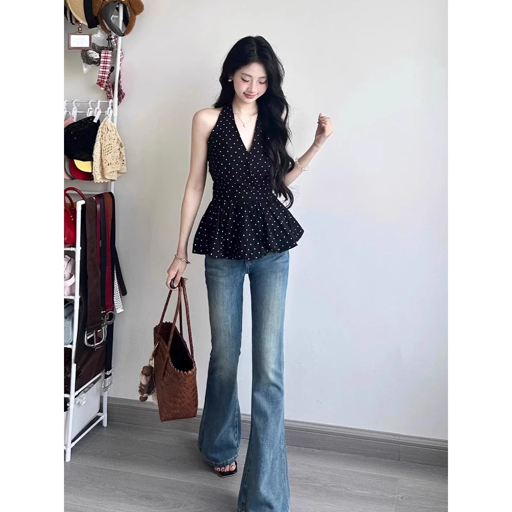 法式黑色波点荷叶边无袖背心女夏日外穿小个子短款绝美小吊带上衣