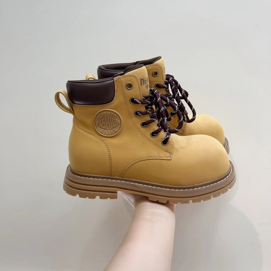 2025早秋新款复古风系带圆头厚底马丁靴女英伦风短靴大黄靴工装靴